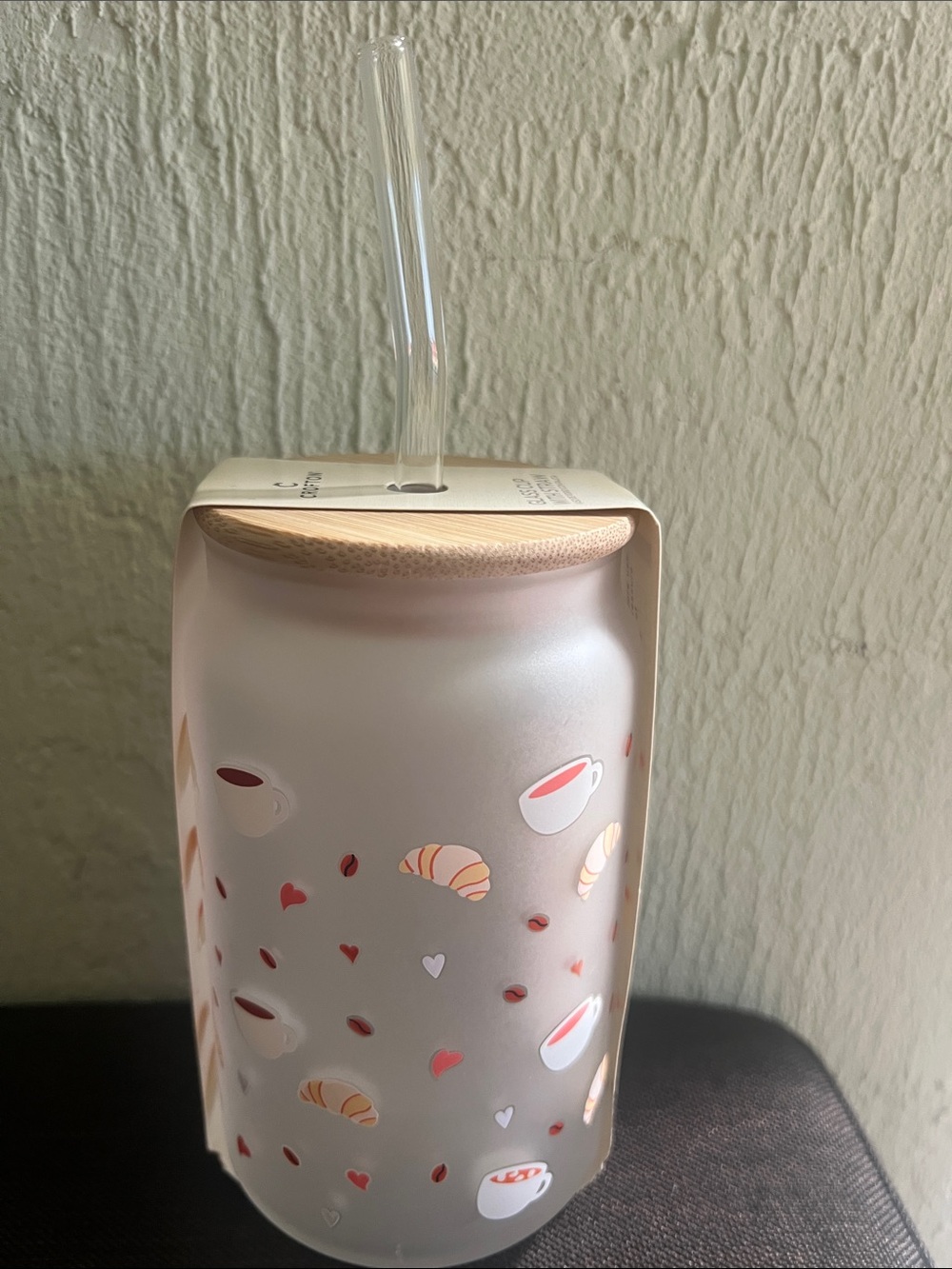 #2684*”Frosted Glass Breakfast Travel Cup with Beige Lid and Straw